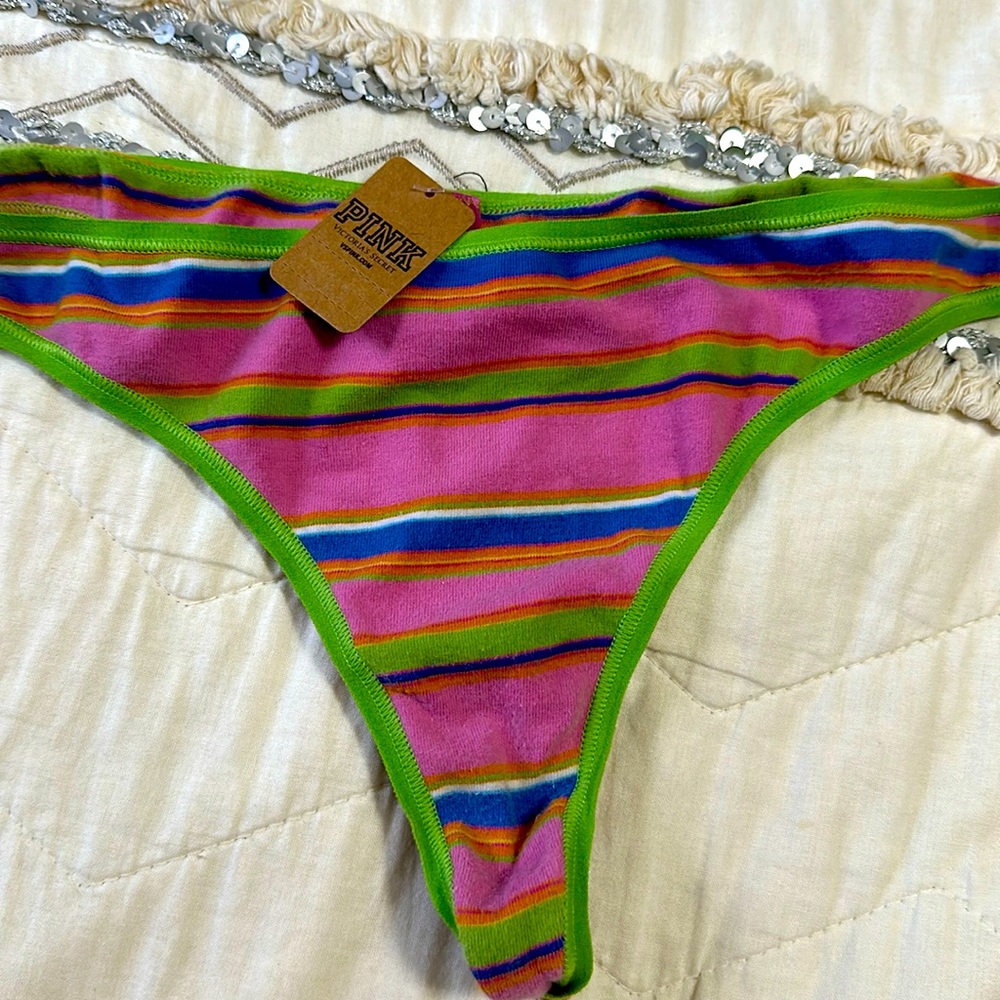VS PINK thong. Multi colored stripe. Size L